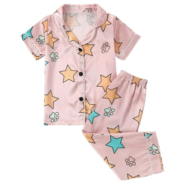 Odeerbi 6M-8Y Niños Niñas Pijama de Satén de Verano Con Solapa Entallada Camisa de Manga Corta Pantalones Conjunto de Dos Piezas Pijama