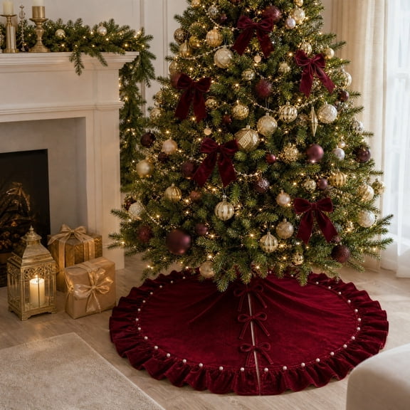 Zynviq Christmas Tree Skirts 48in Xmas Tree Skirt Polyester Burgundy Bow Classic Decoration Circular Tree Mat for Holiday、Party、Bedroom