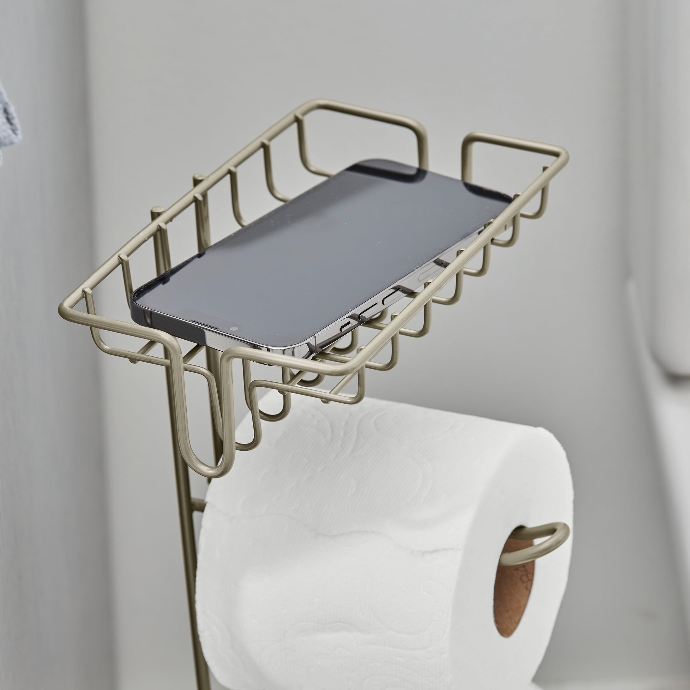 Better Homes & Gardens Free Standing Toilet Paper Holder and Reserves Satin Nickel, Fully Assembled
