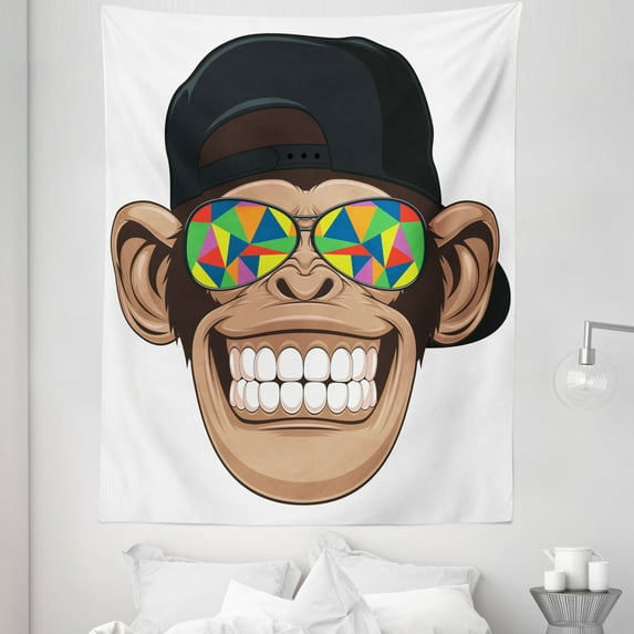 Funny Tapestry, Fun Hipster Monkey with Colorful Sunglasses and Hat Rapper Hippie Ape Art, Fabric Wall Hanging Decor for Bedroom Living Room Dorm, 5 Sizes, Brown Black White, by Ambesonne