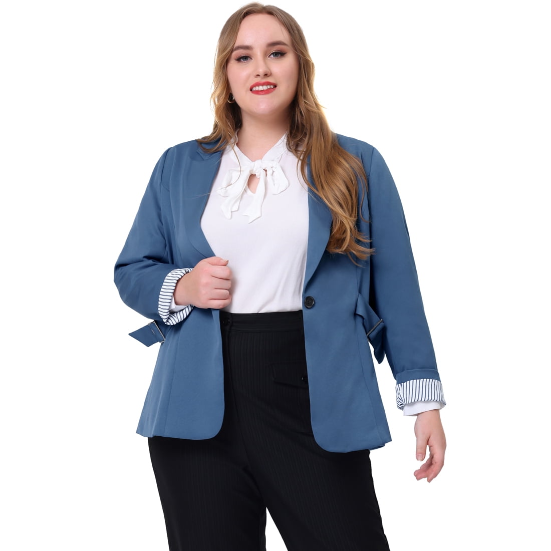 Unique Bargains Women s Plus Size Stripe Cuff Notched Lapel Casual Blazer Blue