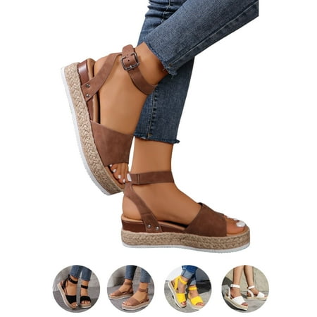 

BERANMEY Open Toe Buckle Ankle Strap Espadrilles with Flatform Wedge Sandals For Women - Casual Platform Sandals Women Comfortable - Espadrilles Beach Sandals For Woman