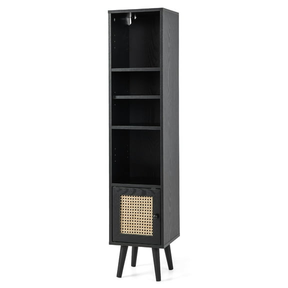 Freestanding Slim Rattan Storage Cabinet – Tall Narrow Organizer with Boho Style for Living Room, Bedroom, or Dining Room