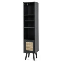 Freestanding Slim Rattan Storage Cabinet – Tall Narrow Organizer with Boho Style for Living Room, Bedroom, or Dining Room