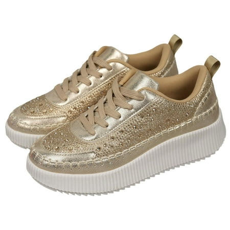 Olive COZZY GIRL Crystal Embellished Low Top Lace Up Sneaker - Lightweight Faux Leather Round Toe Casual Fashion Shoes for Women - Perfect for All-Season Walking and Daily Wear Gift