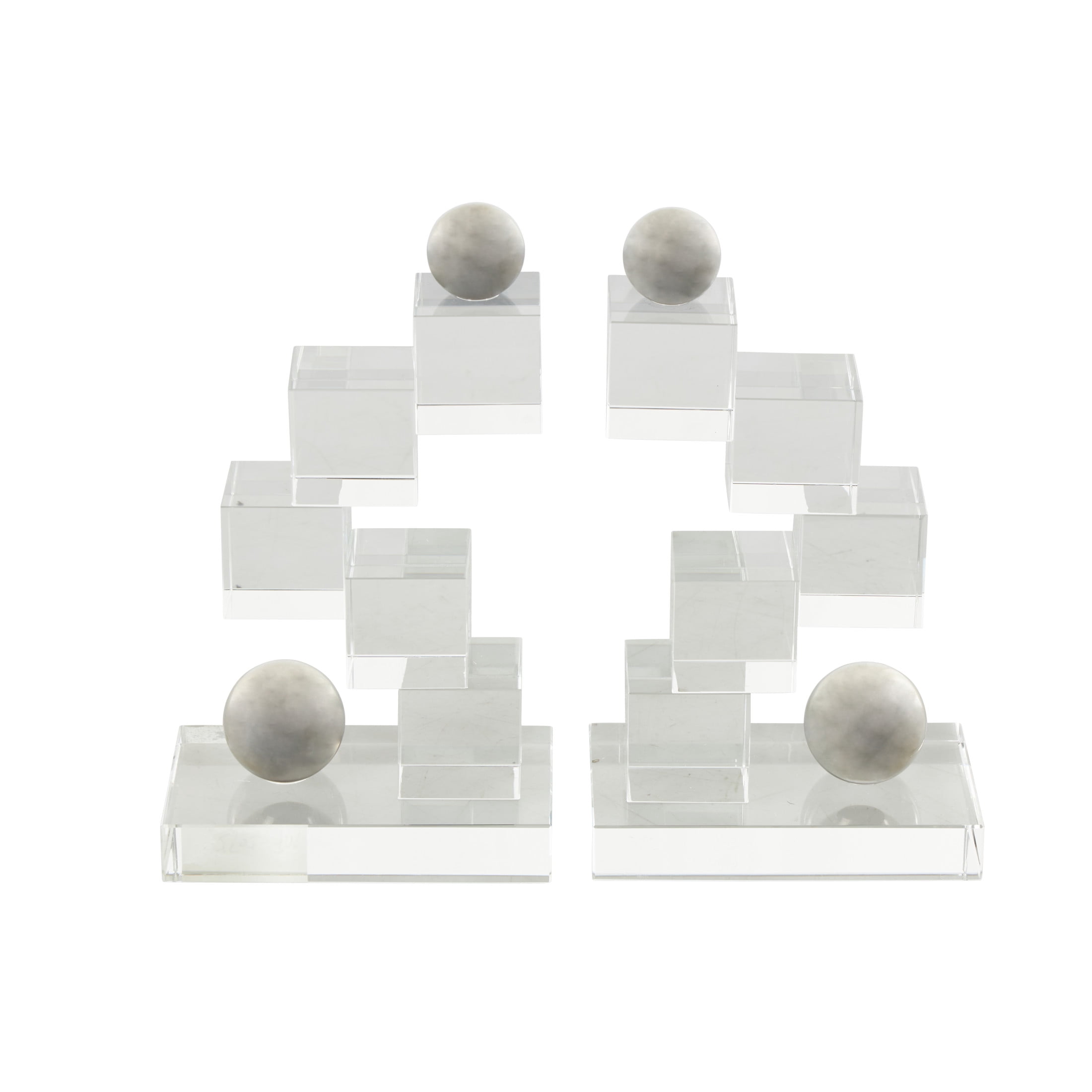 DecMode 5" Stacked Squares Geometric Clear Glass Bookends with Silver Orbs (Set of 2)