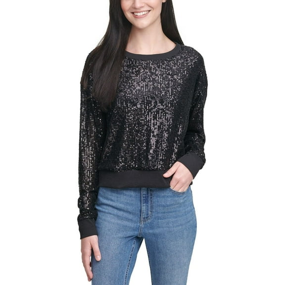 CALVIN KLEIN JEANS Allover Sequin Pullover Top Black Medium B4HP NO TAGS