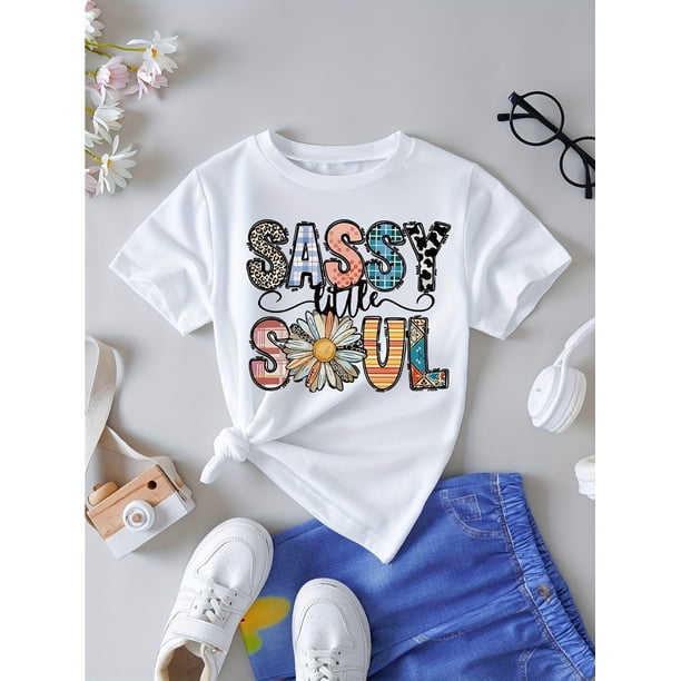 Girls' "Sassy Little Soul" Graphic T-Shirt - White Short Sleeve Round Neck Top with Cartoon Letter & Floral Print, Soft Stretch Fabric for Casual Summer Outfits, Playdates & Running Errands, Playdate