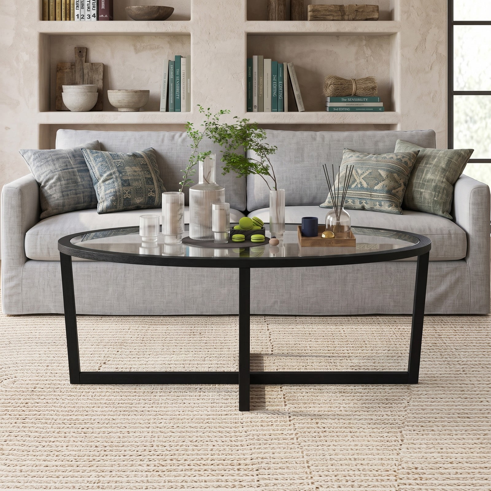 Furnibear Oval Glass Coffee Table, Living Room Center Table with Tempered Glass Top, Cross Base and Solid Acacia Wood Legs, 110 lbs Capacity Accent Sofa Side, Black
