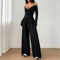 thumbnail image 2 of Morttic Women's Off Shoulder Halter Tie V-Neck Long Sleeve Jumpsuit – Ruched High Waist Wide Leg Casual One Piece Black，S, 2 of 4