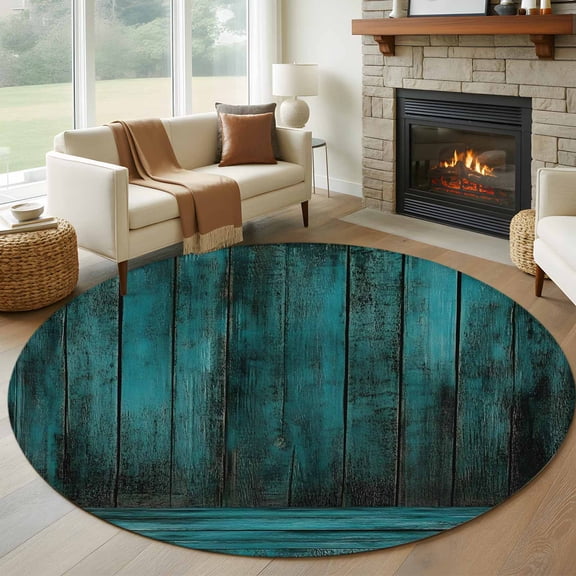Teal Board Round Rug 5ft Washable Circle Kitchen Rugs Non Slip Vintage Chic Wooden Grain Large Area Rug Indoor Floor Carpet for Bedroom Living Room Home Office Dining Room Nursery