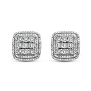 Men's Big Square Cushion Real Diamond Stud Earrings Rhodium Overlay on Sterling Silver 1/10Ct 10mm Halo Best Friend Gift for His or Her Birthday Handmade Christmas Jewelry Present for Women & Men