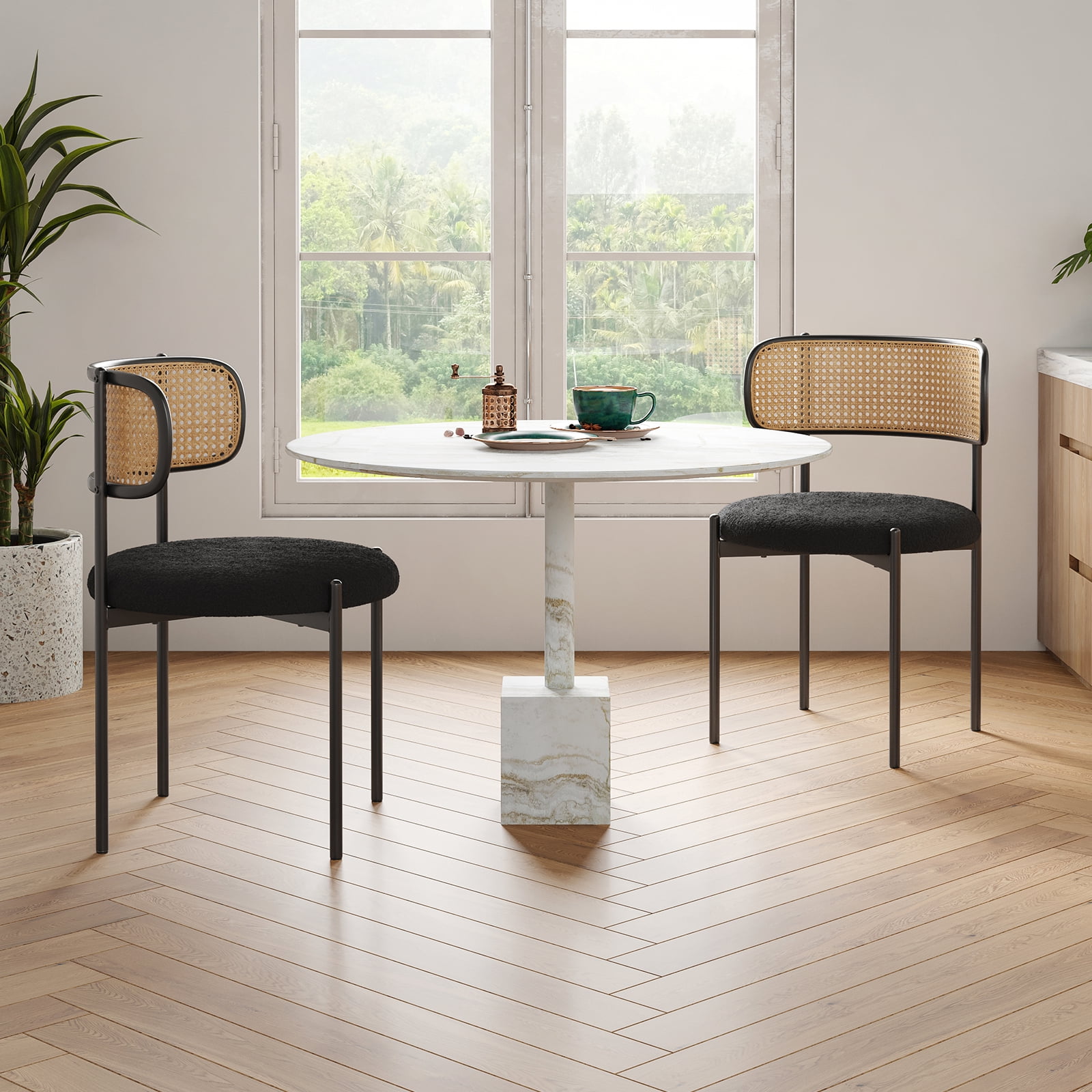 Farini Upholstered Dining Chair Set of 2, Rattan Backrest Kitchen Chair, Black