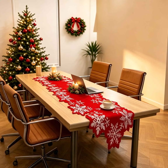QualiVow Red Christmas Snowflake Table Runner 72x13 Inch Cloth Holiday Dining Decor for Xmas Party Home