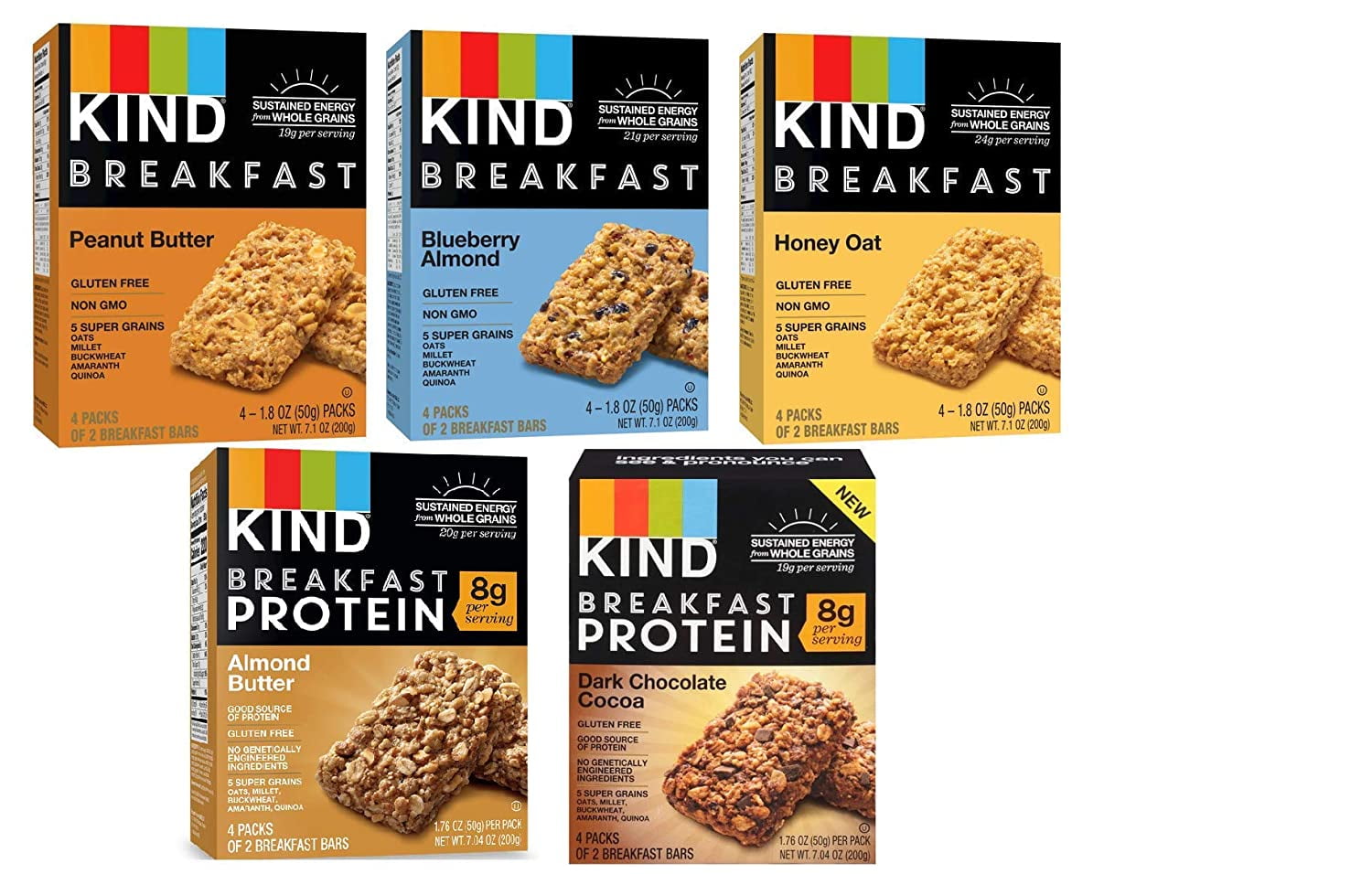 Kind, Breakfast Bars, Variety 5 Box (8ct ea) Dark Chocolate Cocoa