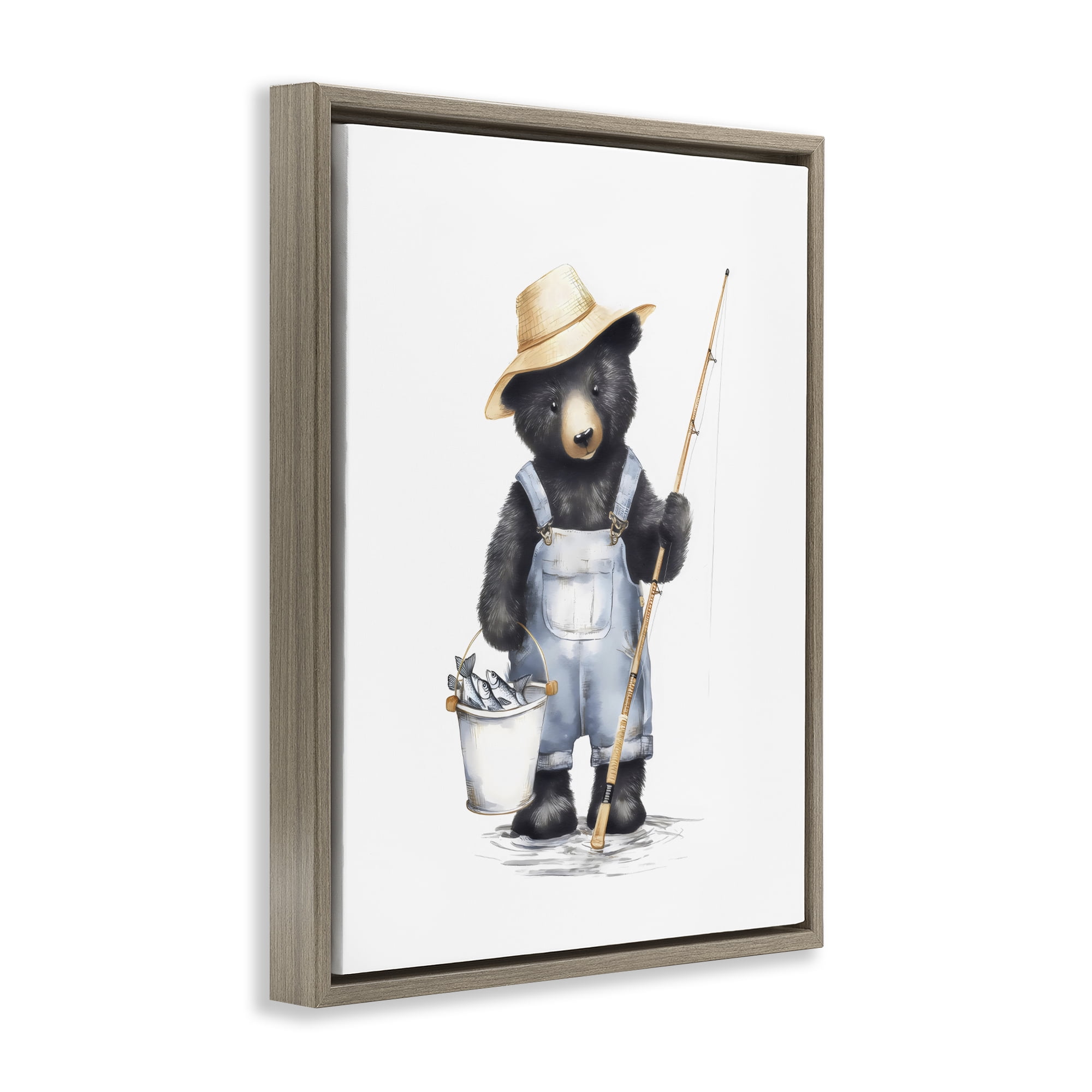 Stupell Industries Fishing Bear in Straw Hat Brown Framed Floater Canvas Wall Art, design by Arlington Prints