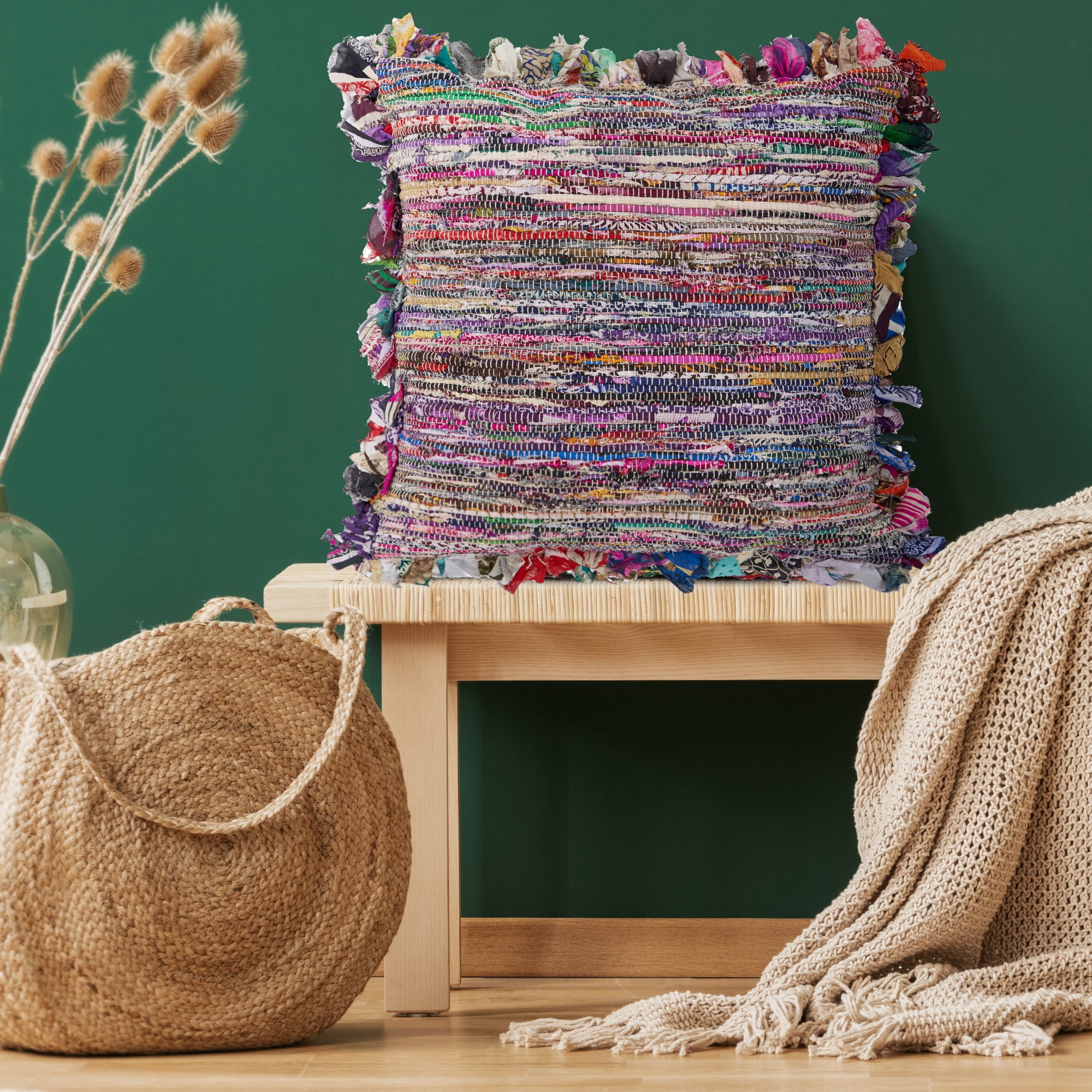 Ox Bay Eli Set of 4 Boho Striped 18" x 18” Recycled Material Adult Decorative Feather Filled Pillow Set