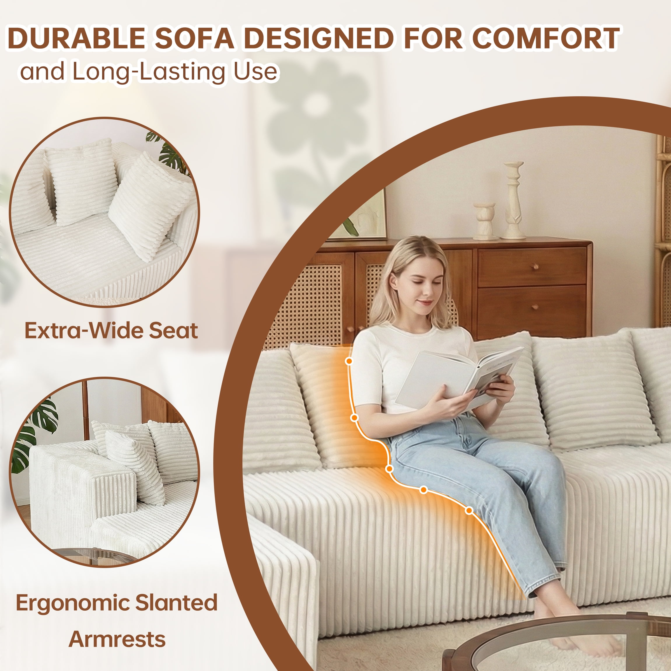 Xiweot 130" Cloud Couch Sectional Sofa, No Assembly U Shaped Modular Boneless Couch with Chaise, 4 Seat Oversized Deep Seating Corduroy Sofa for Living Room, Extra Large Comfy (Grey)