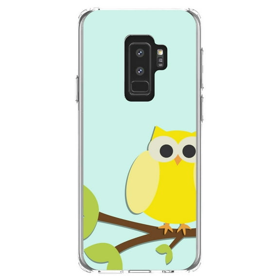 DistinctInk Clear Shockproof Hybrid Case for Samsung Galaxy S9  PLUS (6.2" Screen) - TPU Bumper, Acrylic Back, Tempered Glass Screen Protector - Yellow Owl Cartoon - Cartoon Owls