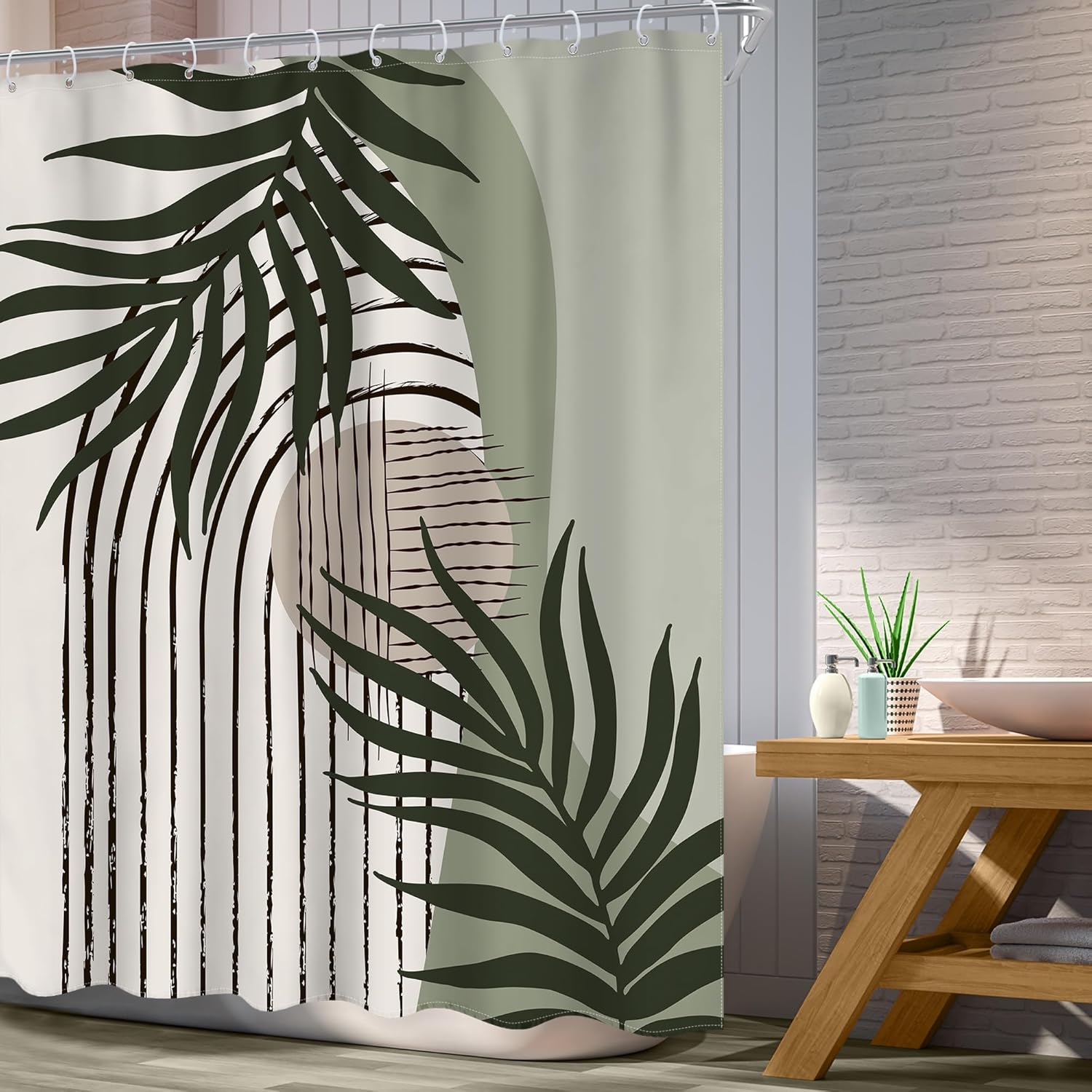 Sage Green Abstract Boho Leaves Shower Curtain 72Wx72L Inch Mid Century Modern Geometric Sun Arch Minimalist Shower Curtain Bathroom Set Retro Plant Bath Curtain Bathtub Accessories Home Decor
