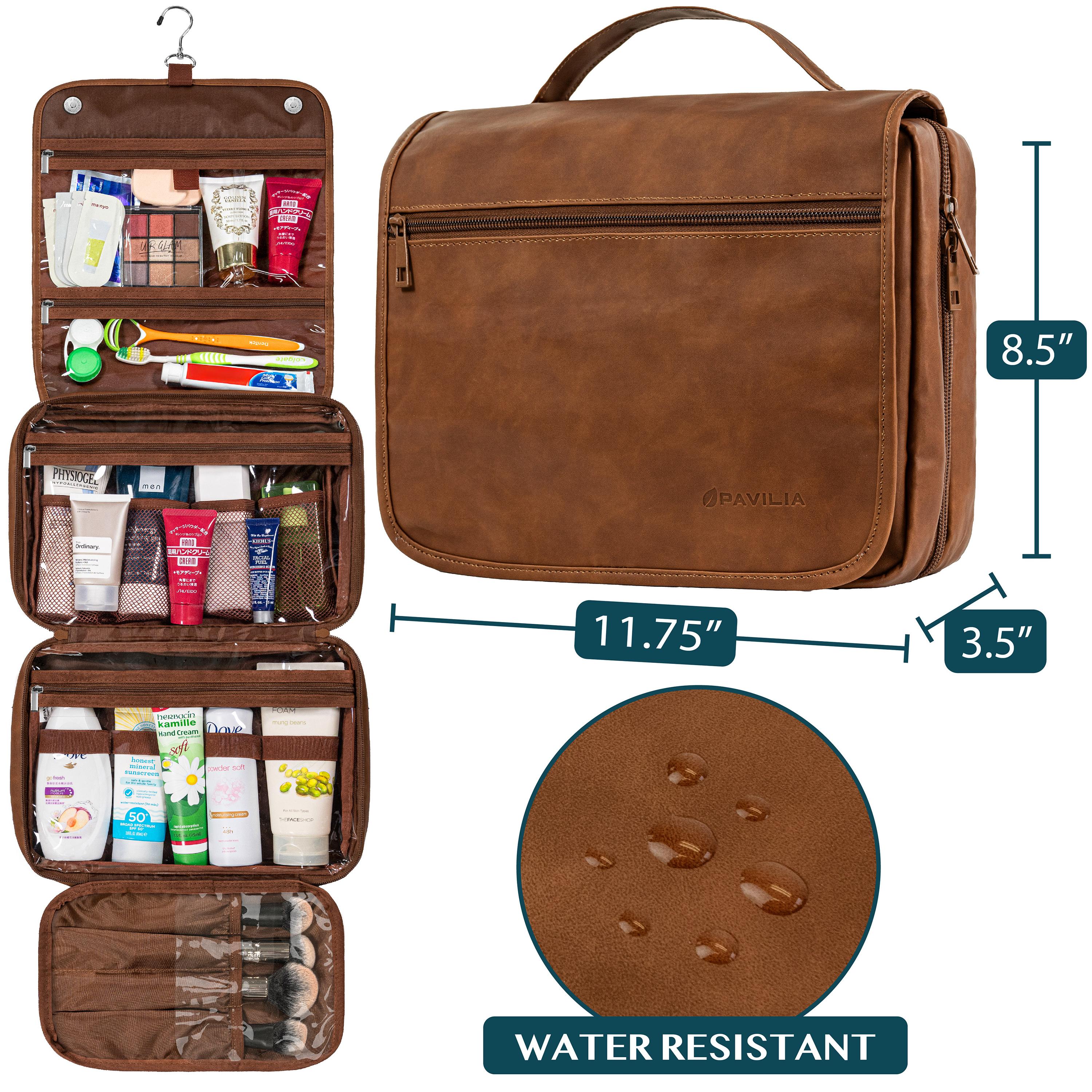 PAVILIA Hanging Toiletry Bag Women Men, Foldable Cosmetic Organizer Travel Bag, Water Resistant Makeup Bag Toiletries, Large Travel Essentials Kit (Brown)