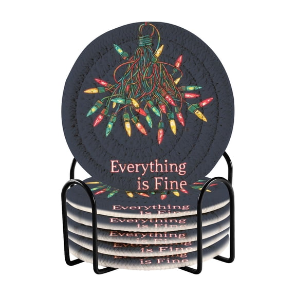 Yayeee 6 PCS Drink Coasters with Holder Set Woven Absorbent Round Tabletop Hot Pad, Blue Christmas Light