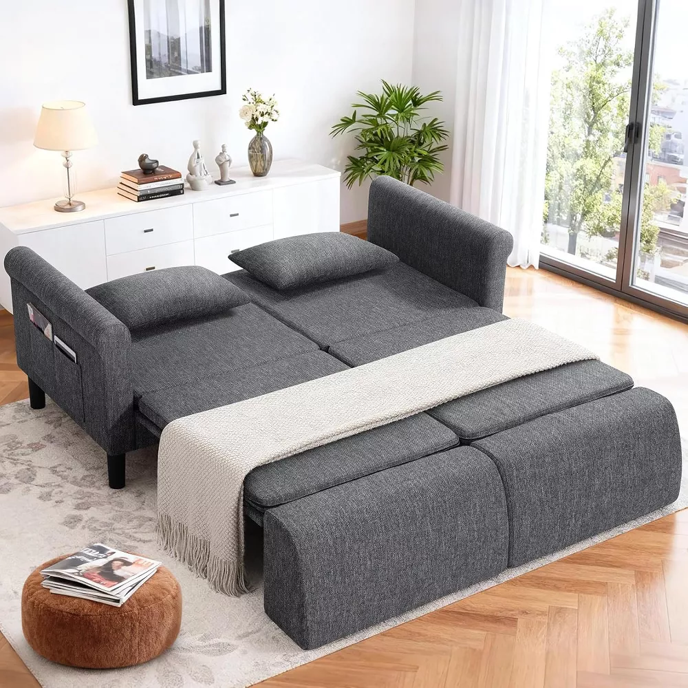 Sailvan 74" 5-in-1 Convertible Sofa Bed, Pull Out Sleeper Couch with Storage & 2 Pillows, Luxury Linen Loveseat for Studios