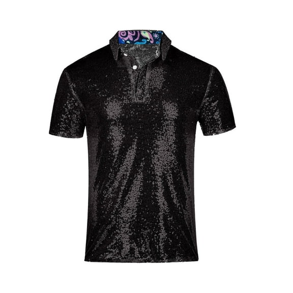 Homenesgenics Polo Shirts for Men Men's Shirt Summer Men's Short Sleeved Retro Style Shirt Solid Color Sequin Top Short Sleeved Lapel Top/shirt Black S