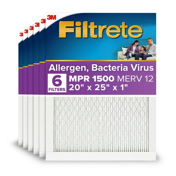Filtrete 20x25x1 HVAC Furnace Air Filter, MPR 1500 MERV 12, Allergen, Bacteria, Virus, 6 Pack