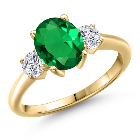 Gem Stone King 10K Yellow Gold Green Nano Emerald and Lab Grown Diamond Engagement Ring for Women | 2.04 Cttw | Oval 9X7MM | Gemstone May Birthstone | Size 8