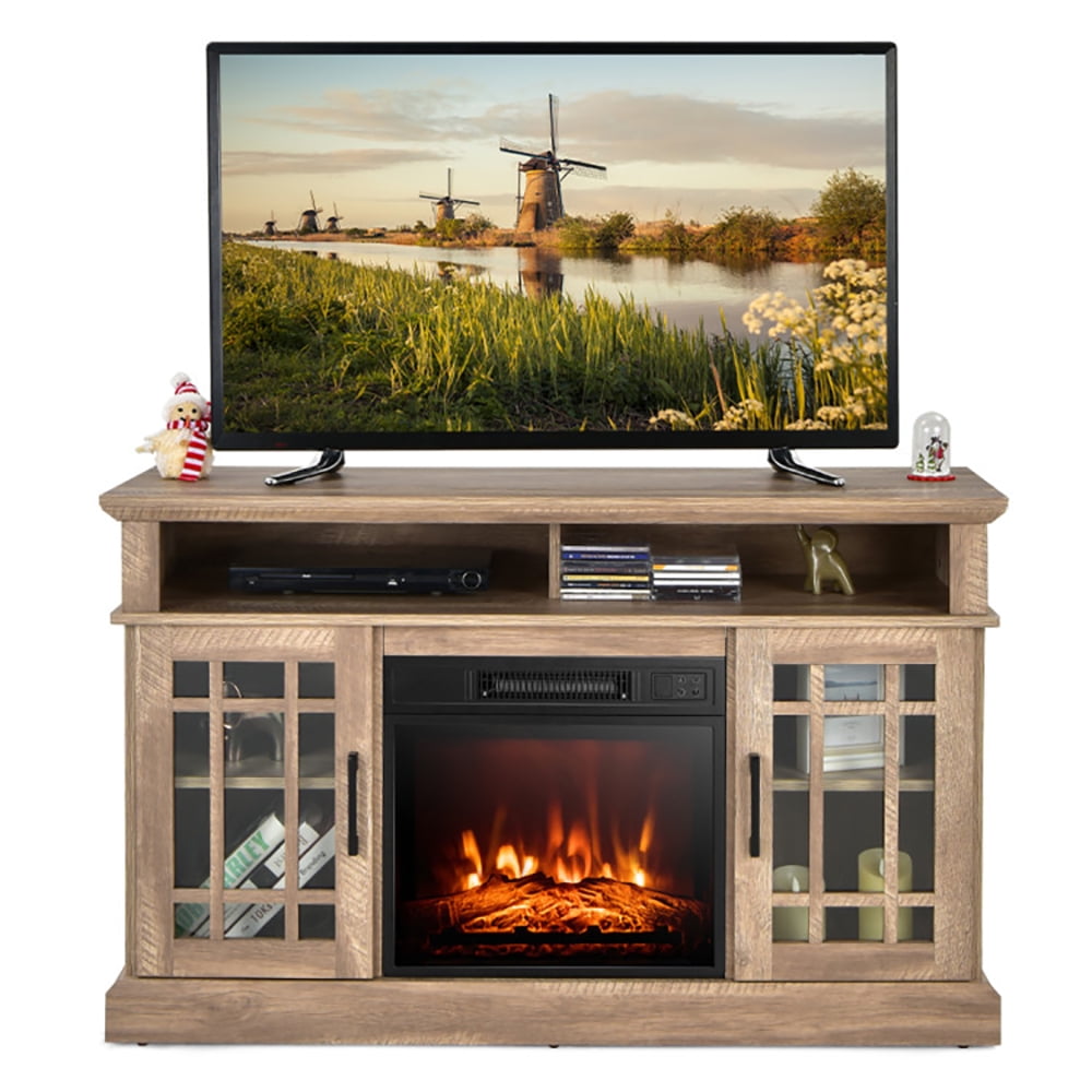 Finihen TV Stand, TV Cabinet, 48 Inch Electric Fireplace TV Stand with Cabinets for TVs Up to 55 Inch, for Living Room, Bedroom, Natural