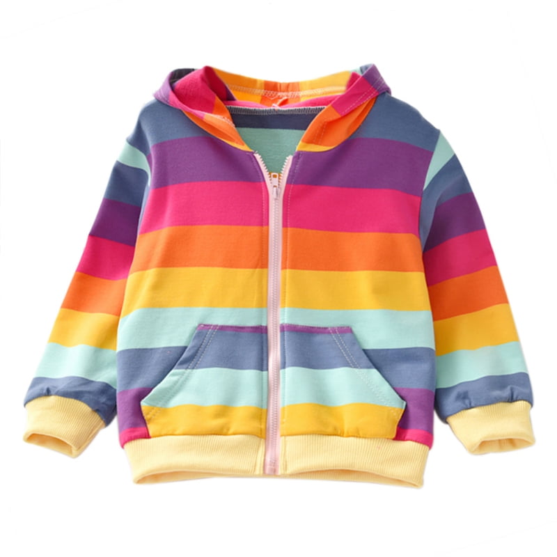 dPois Kids Girls Colorful Rainbow Striped Hoodie Long Sleeve Pockets Zippered Hooded Coat Pullover Top 