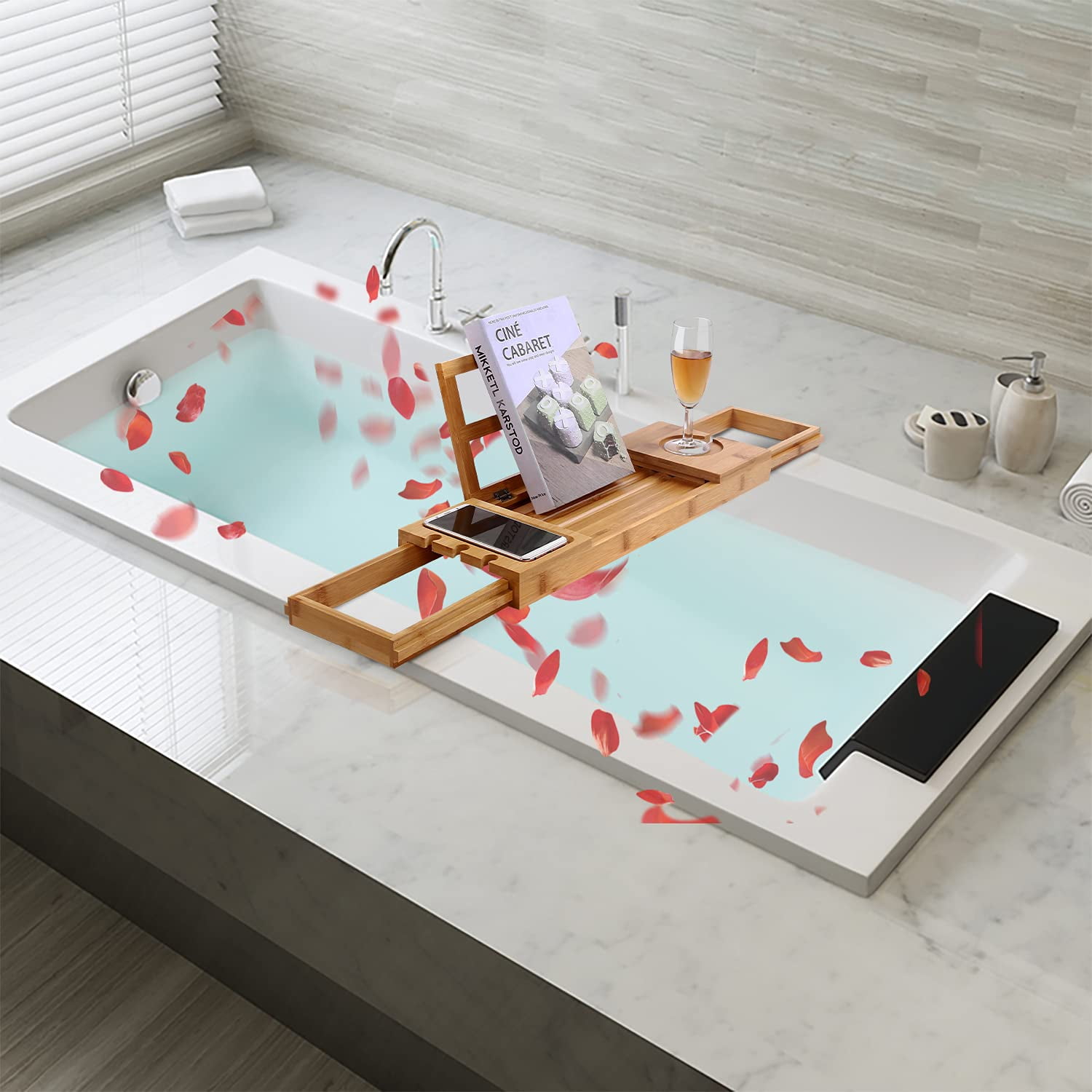 Utoplike Bamboo Bathtub Caddy Tray Bath Tray for Tub, Adjustable Bathroom Bathtub Organizer with Book Tablet Wine Glass Cup Towel Holder