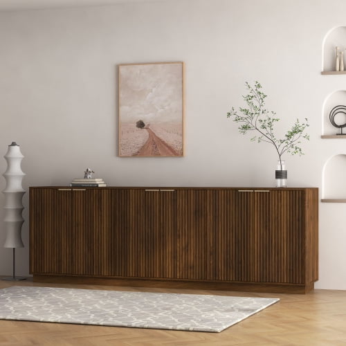 94.5" Modern Fluted Buffet Cabinet with Storage, 6-Door Sideboard Credenza with Adjustable Shelves, Accent Cabinet Console Table for Dining Room, Living Room, TV Stand