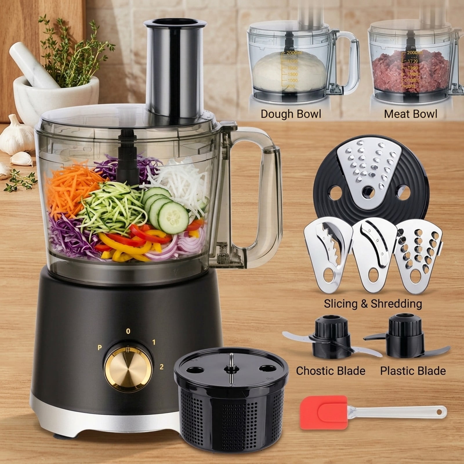 Fenbeli 12-Cup Food Processor with Salad Spinner, Multi-Function Chopper, Slicer, Shredder, Puree and Dough System, Black