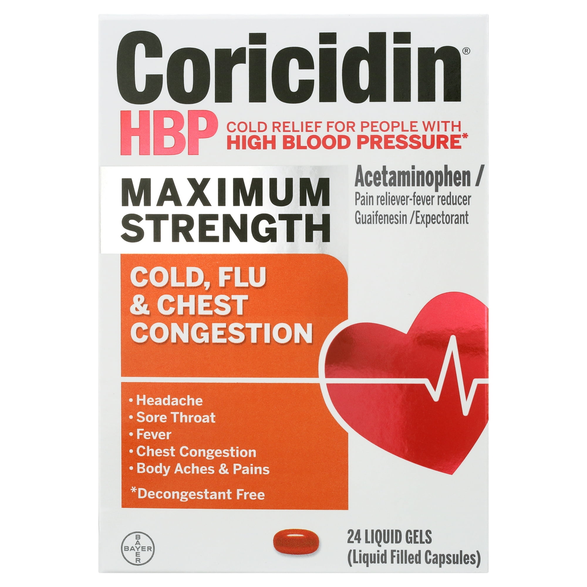Coricidin HBP Maximum Strength Cold, Cough & Flu Medicine, Liquid Gels, 24 Ct