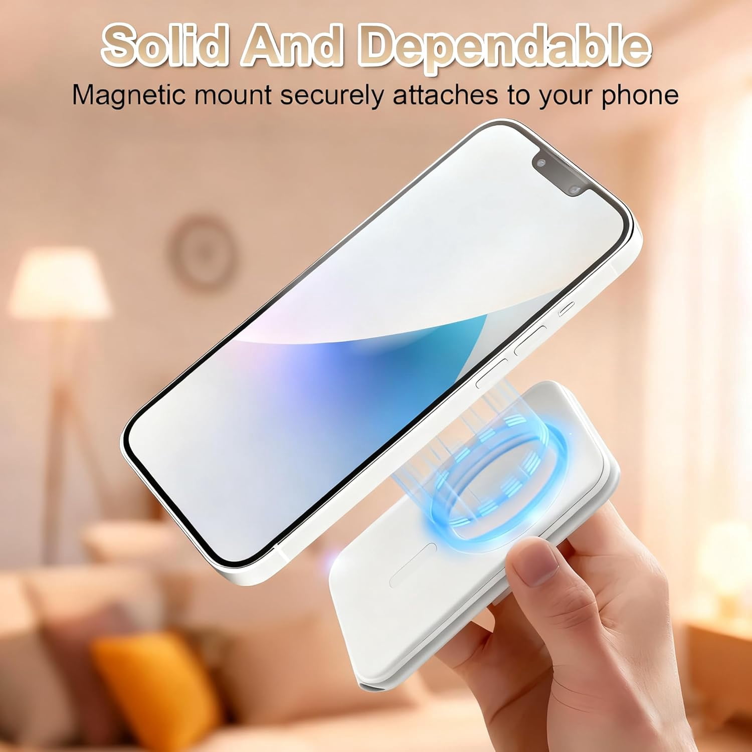 Magnetic Phone Stand, Compatible with All Smartphones 17/16/15/14/13/12 Series, Slim PU Leather Desk Stand with Angle Adjustment, Portable & Includes 1 Strong Magnetic Ring for Any Phone (White)