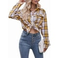 thumbnail image 2 of Women'S Flannel Plaid Button-Down Shirt Oversized Long Sleeve Short Sleeve Jacket Top Yellow L, 2 of 9