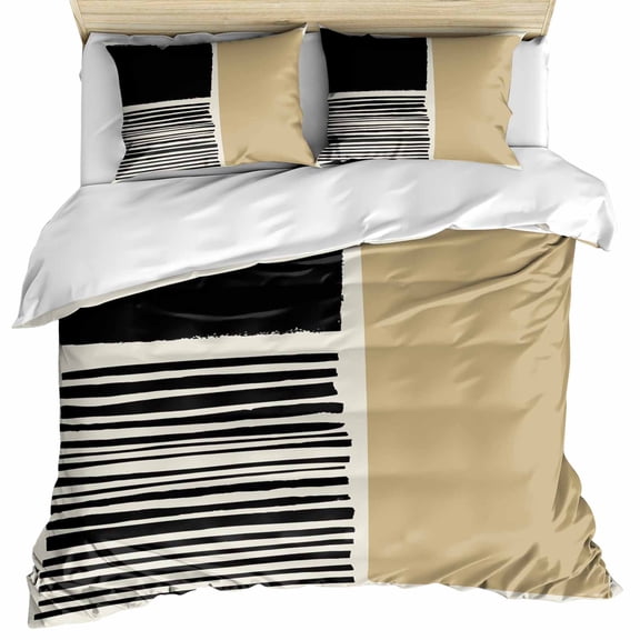 Beige Bedding 3 Piece Duvet Cover Set Twin Size, Modern Abstract Art Farmhouse Striped Soft Microfiber Comforter Cover with Zipper Closure & Pillowcases, Wrinkle & FadeResistant Quilt Cover