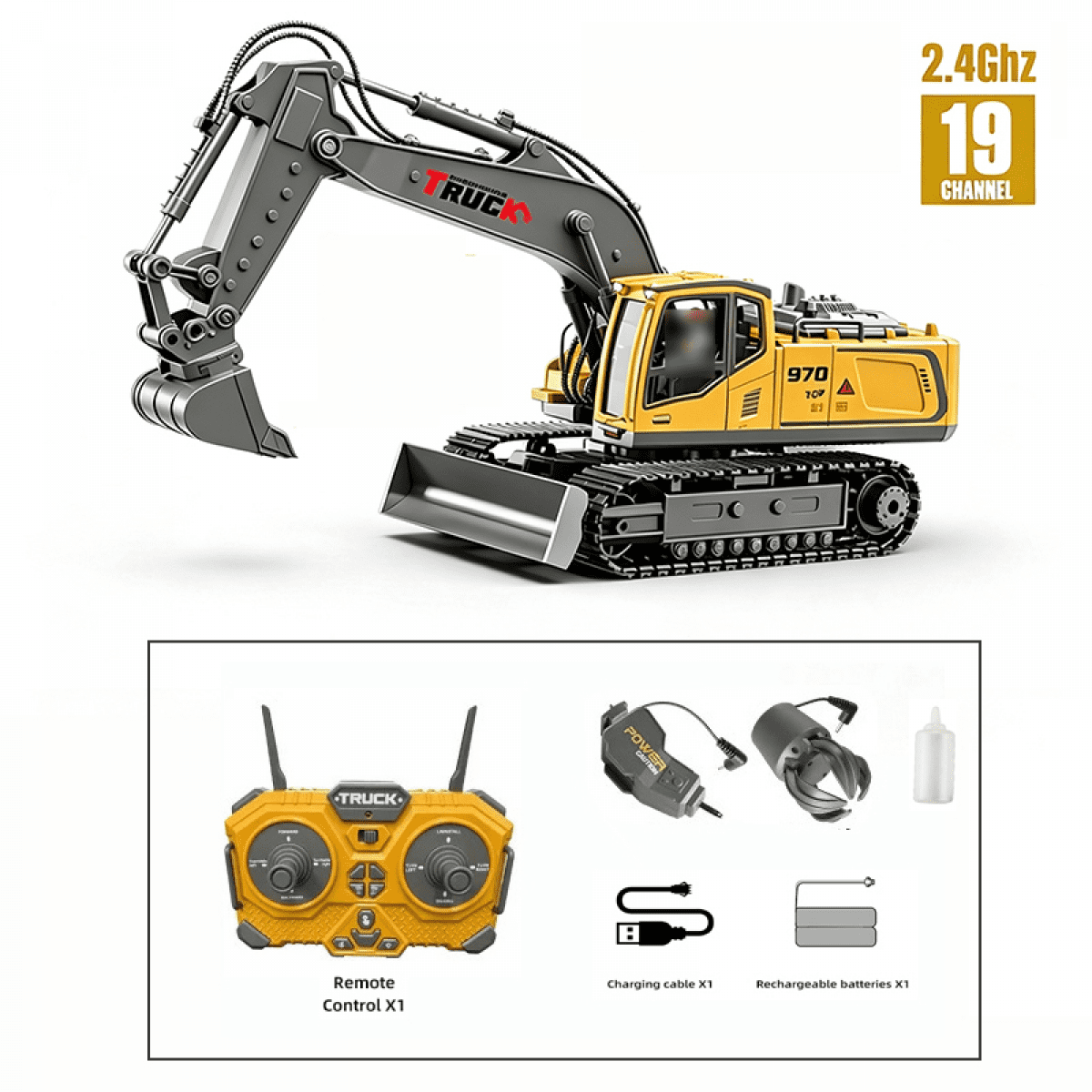 Remote Control Excavator Toy for Boys 3-in-1 RC Excavator with Alloy Bucket Breaker & Grapple Construction Vehicle Toys with Lights & Sounds Birthday Gift for Kids 8-12