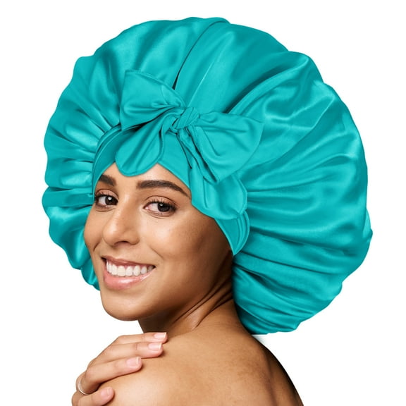 BONNET QUEEN Silk Bonnet for Sleeping Women Big Satin Bonnet Night Sleep Cap Wrap for Curly Hair with Adjustable Tie Band, Single Layer, Large, Aqua Blue