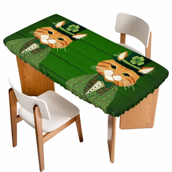 St. Patrick's Day Table Cloths for 5 Foot Rectangle Tables, Cute Kitten Cats Shamrock Leaf Wood Green Patio Waterproof Elastic Fitted Tablecloths, Washable Rectangular Table Cover for Camping