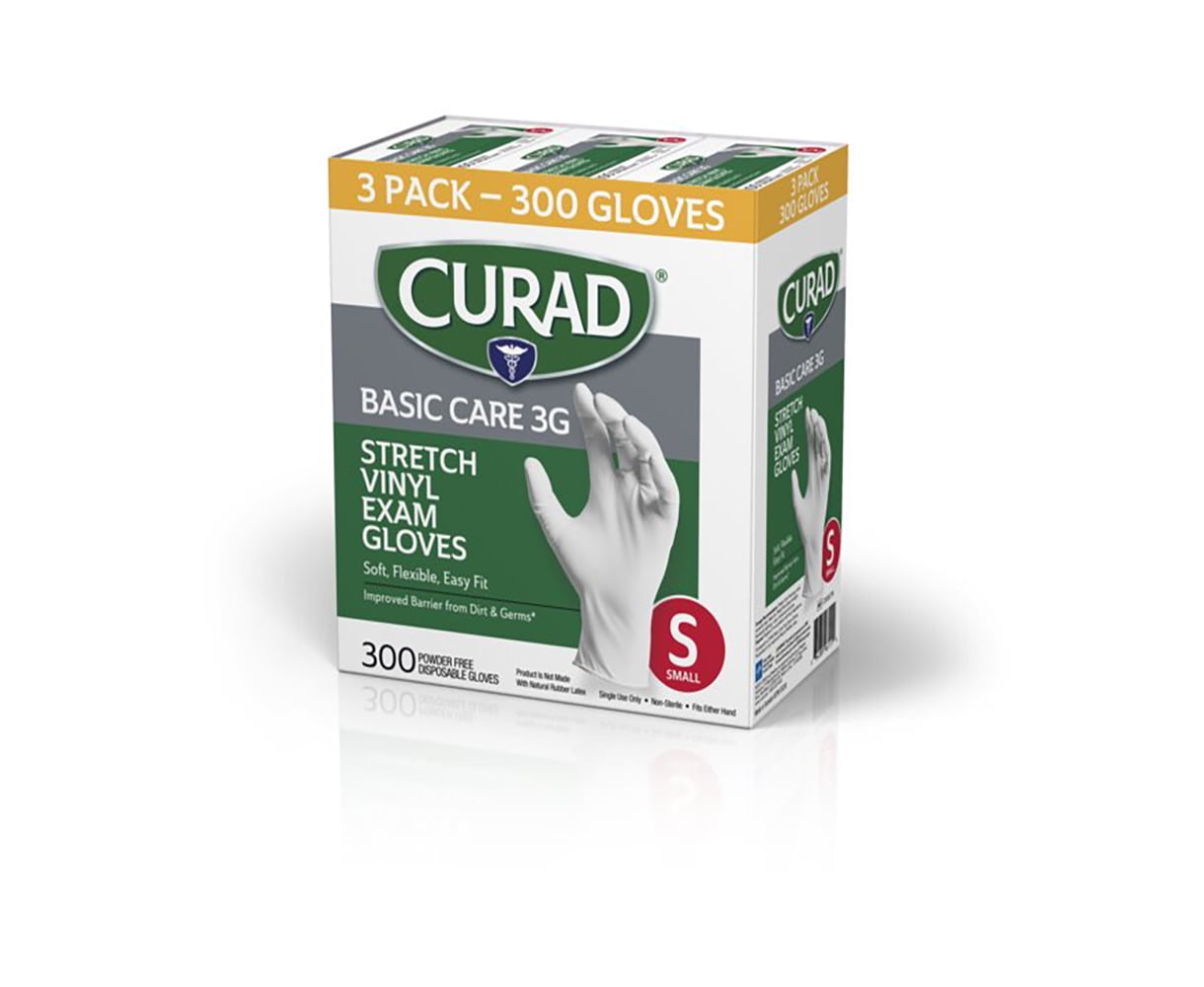 Curad Basic Care 3G Vinyl Exam Gloves, Small, 300 CT