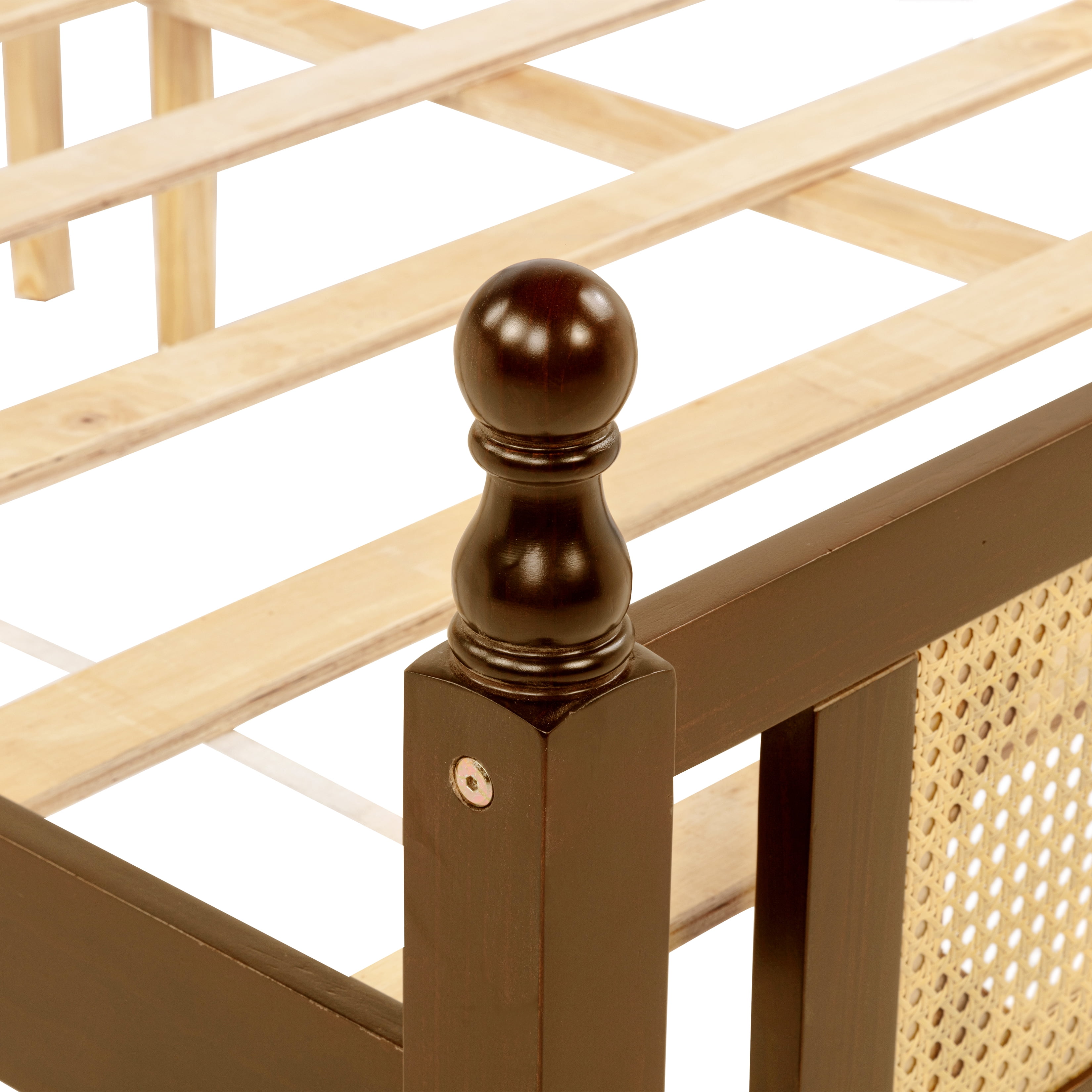 Miniyam Queen Size Rattan Bed with Spherical Bedposts for Adult, Walnut