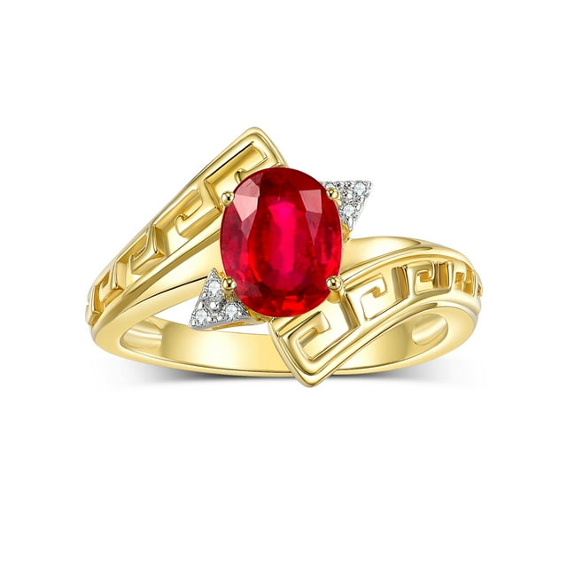 RYLOS Rings for Women 14K Yellow Gold Greek Key Designer Ring 9X7MM Gemstone & Diamond Ring July Ruby Jewelry Size 6