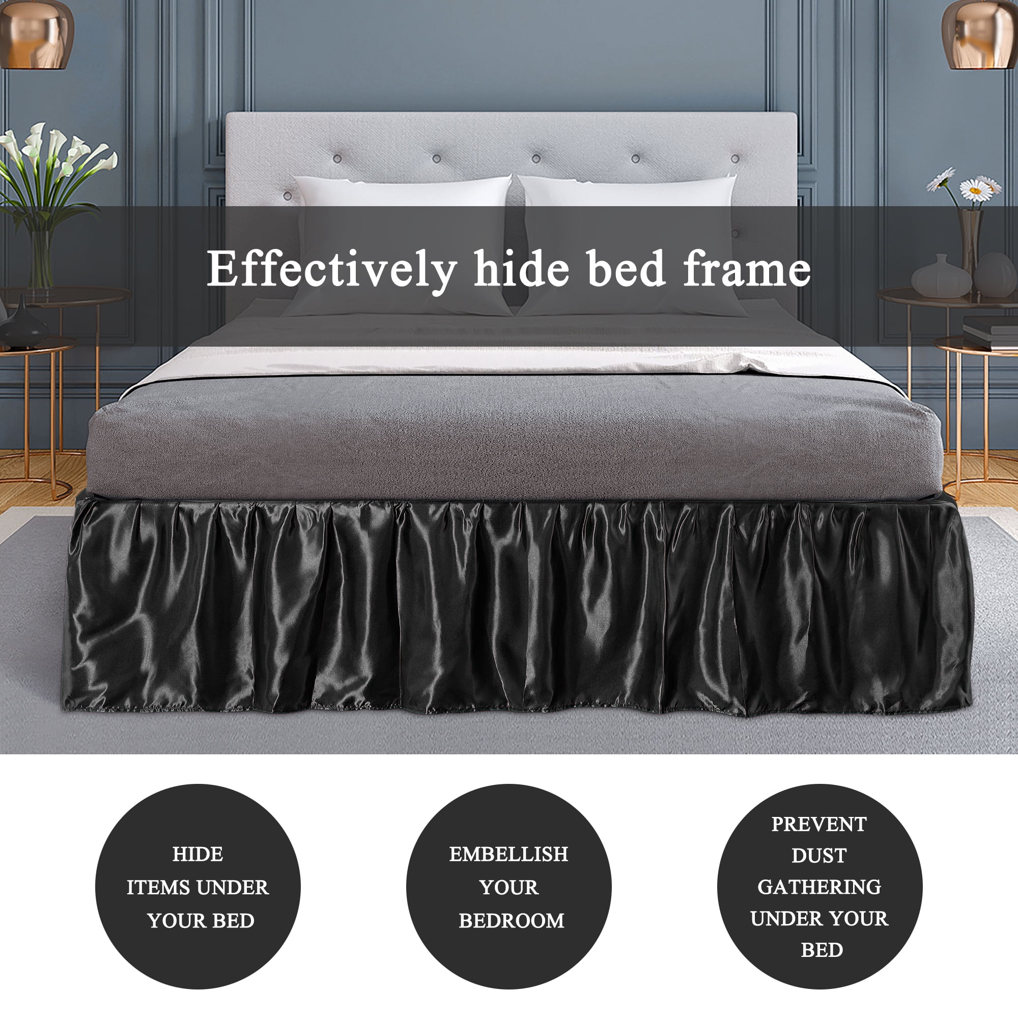 PiccoCasa Satin Silk Wrap Around Bed Skirt Dust Ruffle 18" Drop, Twin Black