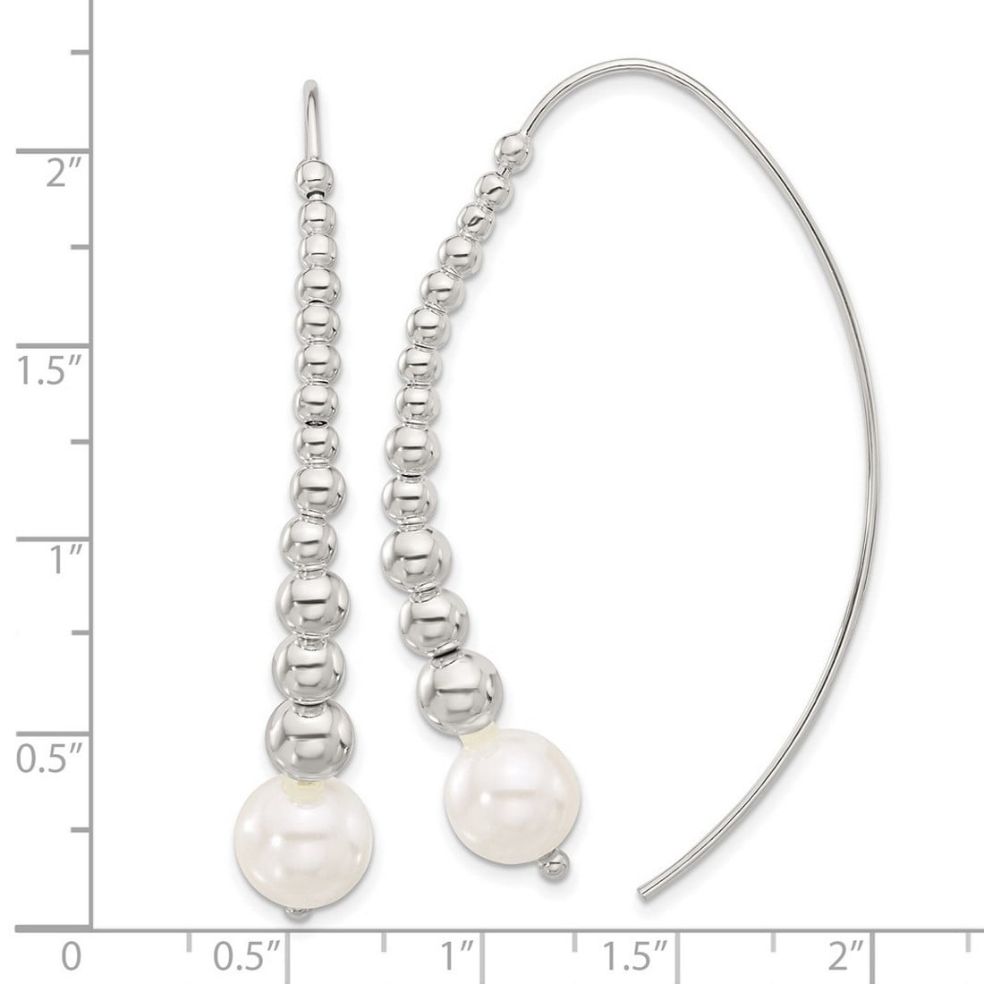 925 Sterling Silver Polished Beaded Simulated Pearl Threader Earrings 56x9mm Wide Stud Earring for Women