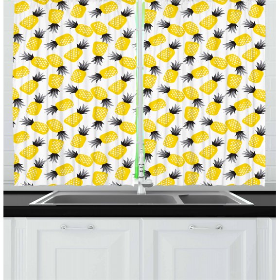 Ambesonne Pineapple Kitchen Curtains, Abstract Summer Motif, 55"x39", Black Grey and Yellow