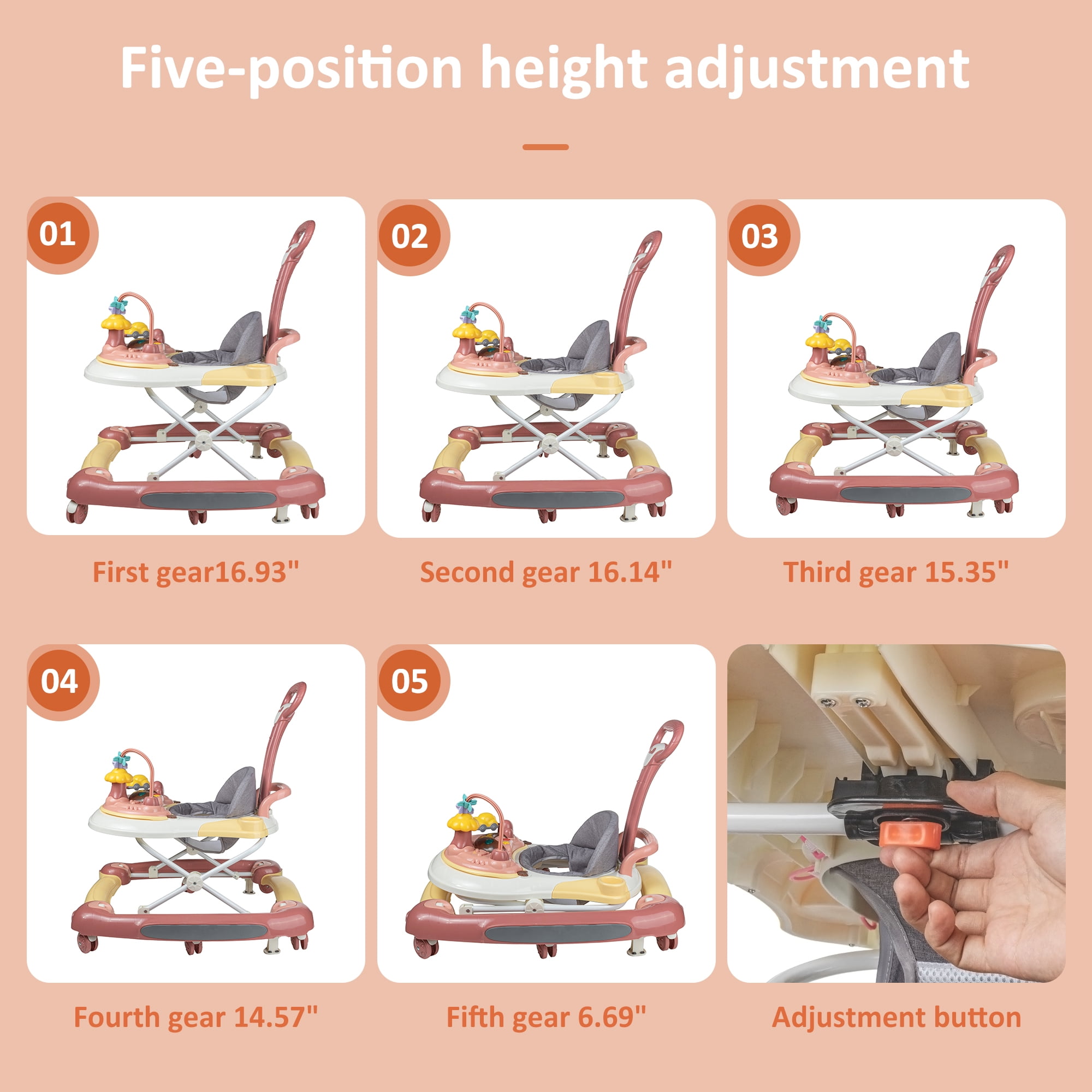 HAOUUCYIN 4-in-1 Baby Walker, Music Activity Push Walker with Wheel, Foldable and Height Adjustable, Pink