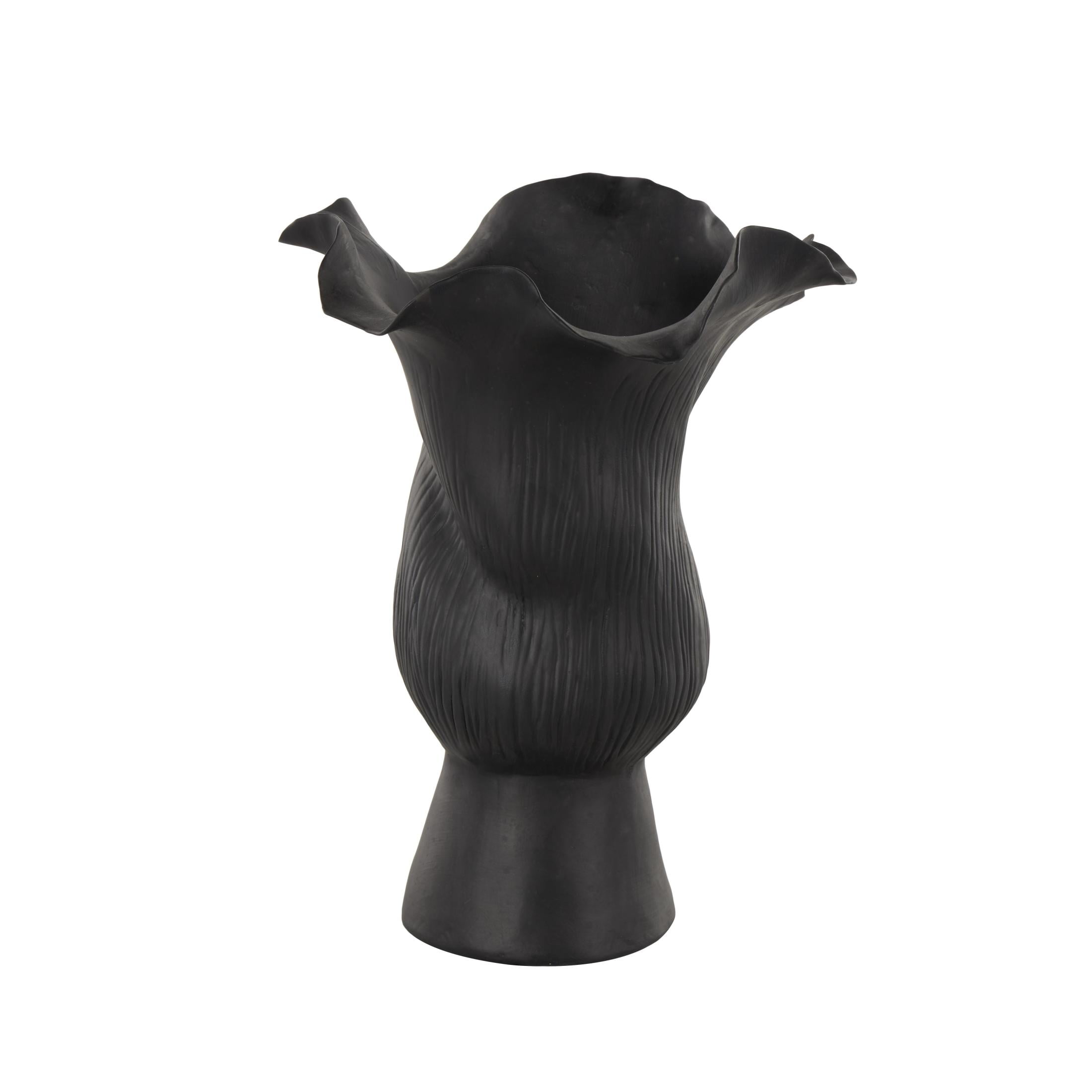 DecMode 11" Abstract Floral Inspired Black Ceramic Vase with Wavy Folded Rim and Linear Grooves